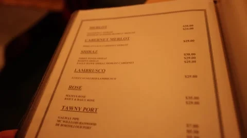 Slow motion close up of handheld wine list menu at restaurant during dinner.. Stock Footage 332723788