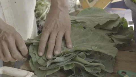 Slow Motion Close-up of Hands Trimming and Tying a Bunch of Fresh Kale/Cabbage Stock Footage 320634692