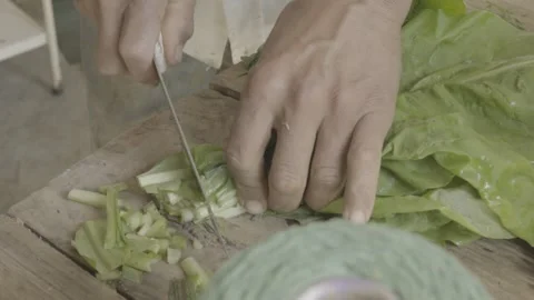 Slow Motion Close-up of Hands Tying a Bunch of Fresh Lettuce/Cabbage with Twine Stock Footage 320634684