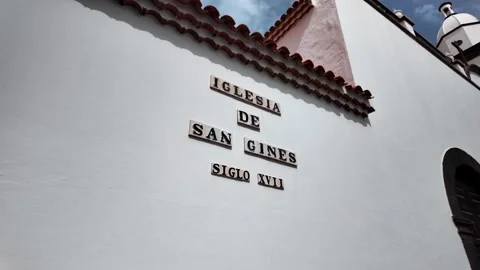 Slow motion close-up of Iglesia de San Gines church facade, Arrecife, Lanzarote Stock Footage 346375503
