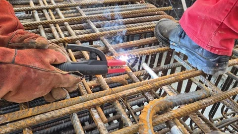 Slow motion close-up of industrial welding with bright sparks 4K Stock Footage 330552227