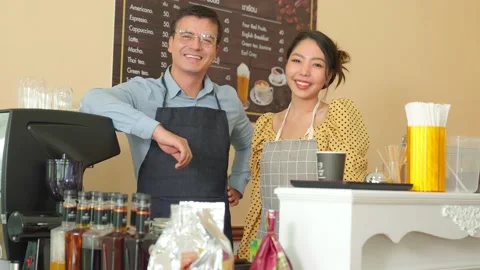 Slow motion close up the lover opened the owner's small business as a grocery Stock Footage 159867349