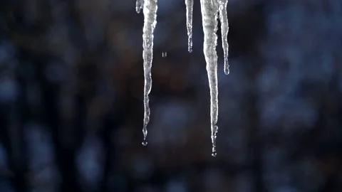 Slow motion close up macro shot of melting ice stalactite Stock Footage 148079279