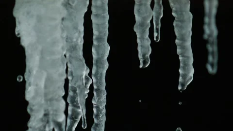 Slow Motion Close Up Macro Shot Of Melting Ice Stalactite And Water Drops Stock Footage 171356150