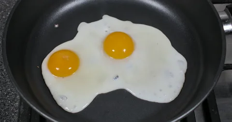 Slow Motion Close Up Man Cooking Fried Eggs on Frying Pan For Breakfast, Kitc Stock Footage 148157160