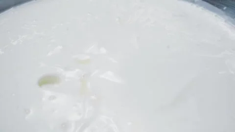 Slow Motion Close-Up of Mango Cubes Falling into White Yogurt Stock Footage 307418066