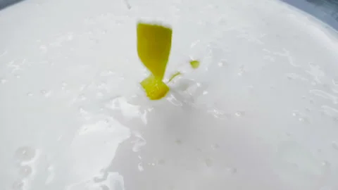 Slow Motion Close-Up of Mango Cubes Falling into White Yogurt Stock Footage 307420057