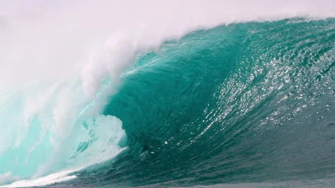 Slow Motion Close-Up Of A Massive Crashing And Curling Wave With White Spray And Stock Footage 158901832