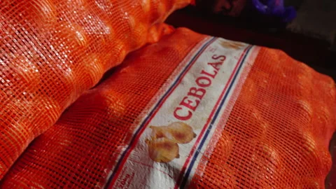 Slow Motion Close-Up of Mesh Sacks of Onions on a Truck Stock Footage 340563768