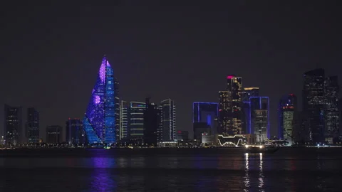 Slow motion close-up night view of West Bay illuminated skyscrapers at Doha. Stock Footage 339322837
