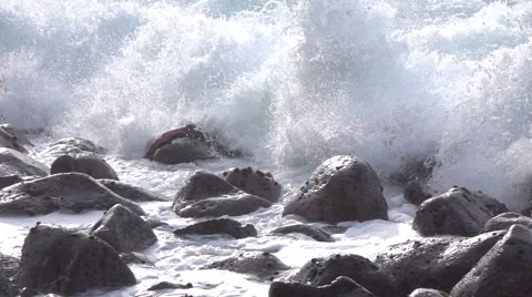 SLOW MOTION CLOSE UP: Ocean waves hitting and splashing on round volcanic rocks Stock Footage 64223817