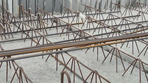 Slow Motion Close-up of Placing Rebar on Filigree Slab Stockbeeldmateriaal 334062192