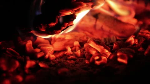 Slow motion close-up of red hot coals burning in a fireplace. Glowing embers Stock Footage 321529169