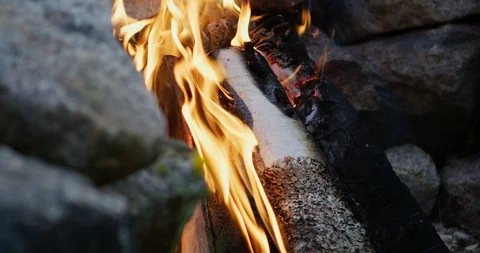 Slow motion close-up shot of campfire, camera on slider. Stock Footage 112112775