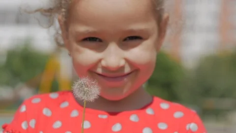 Slow Motion Close-Up Shot of Cute Little Girl Carefree Blowing a Dandelion Stock Footage 109183228