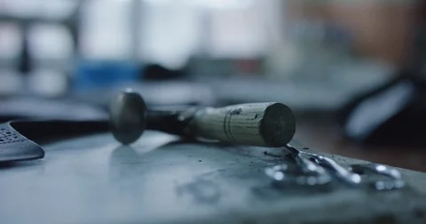 Slow motion close up shot of shoe making and devices. Stock Footage 71914787
