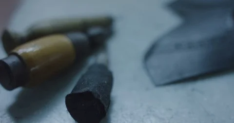 Slow motion close up shot of shoe making and devices. Stock Footage 71915129