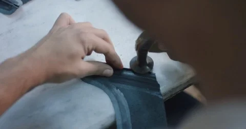 Slow motion close up shot of shoe making by hand. Stock Footage 71933959