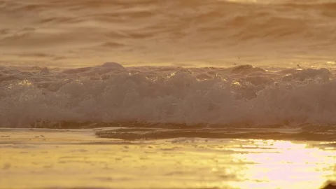 SLOW MOTION CLOSE UP: Small foamy waves washing the sandy beach at golden sunset Stock Footage 84311670