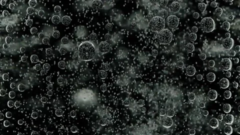Slow motion close-up small white bubbles in glass of water over black background Stock Footage 155037083