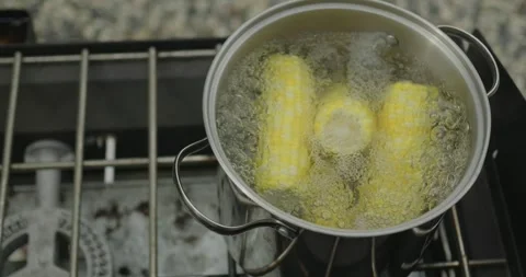 Slow Motion Close-up of Sweet Corn Boiling in a Pot on an Outdoor Camp Stove Stock Footage 320082274