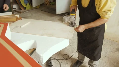 Slow Motion Close Up of Table Saw Cutting Wood on Construction Site Stock Footage 167708746