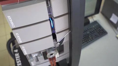 Slow motion close up of a thread being passed through a thread tester Stock Footage 257763384