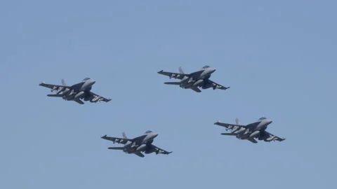 Slow motion close tracking shot of four F-A 18F super hornet fighter jets Stock Footage 152601851