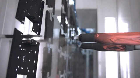 Slow motion close up tracking shot of an industrial painting robot, Stock Footage 247316048