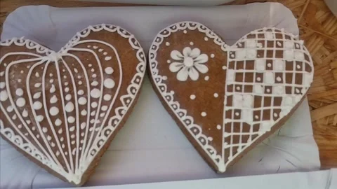 Slow motion close-up of traditional Czech gingerbread cookies with patterns Stock Footage 312860891