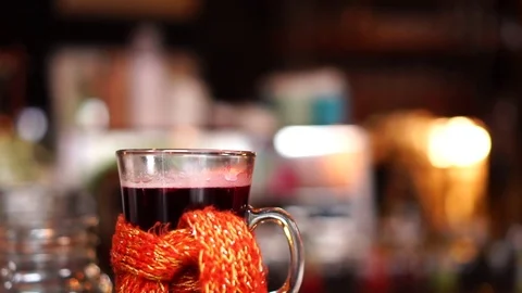 Slow motion close up view on Christmas atmosphere festive alcohol drink mulled Stock Footage 104374035