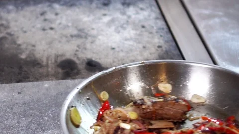 Slow motion close up view on tasty meat meal pork ribs with thin sliced fresh Stock Footage 106812205