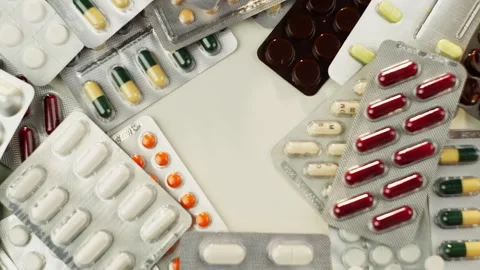 Slow motion close up of white pills falling on table with medicine. Stock-Footage 279563453