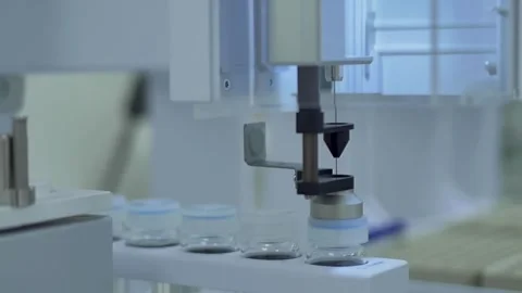 Slow motion close-up of working liquid spectroscopy machine at laboratory Stock Footage 255861892