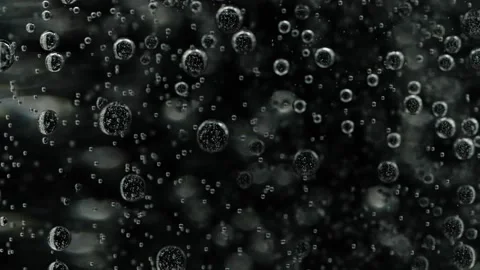 Slow motion closeup abstract water bubbles on black background, macro soda drink Vídeo Stock 160025474