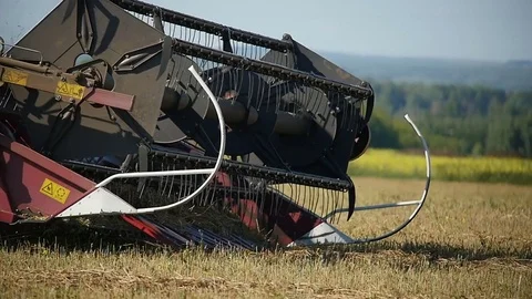 Slow Motion Closeup Modern Combine Harvester Working Part Stock Footage 76016906