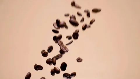 Slow motion coffee beans falling central to frame Stock Footage 94909913