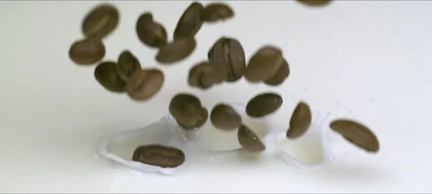 Slow-motion coffee beans falling into milk, creamy splash and swirl Stock Footage 323439690