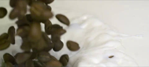 Slow-motion coffee beans falling into milk, creamy splash and swirl Stock Footage 323439941