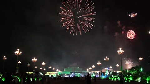 Slow Motion Colorful fireworks that explode and fill the darkness of the nig Stock Footage 204620051