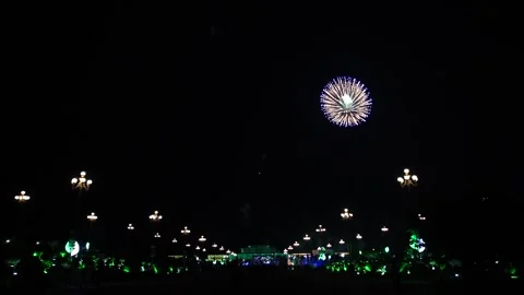 Slow Motion Colorful fireworks that explode and fill the darkness of the nig Stock Footage 204621226