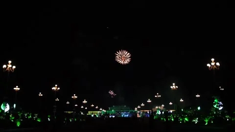 Slow Motion Colorful fireworks that explode and fill the darkness of the nig Stock Footage 204621428