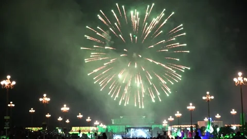 Slow Motion Colorful fireworks that explode and fill the darkness of the nig Stock Footage 204636126