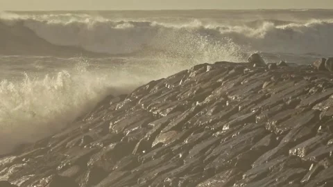 Slow Motion of Colossal Ocean Waves Crashing After Storm Today Stock Footage 341683980