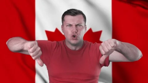 Slow motion of a condemning man in front of the flag of Canada, Video stock 147157046
