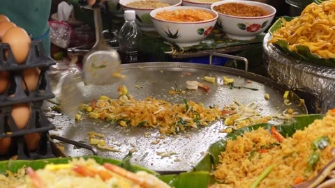 Slow Motion of cooking Pad Thai at Night Market Stock Footage 228024198