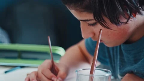 Slow motion creative child paints with watercolors at home. Artistic development Stock Footage 197518394