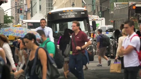 Slow Motion Crowd NYC Rain Bikes Cars Stock Footage 77608183