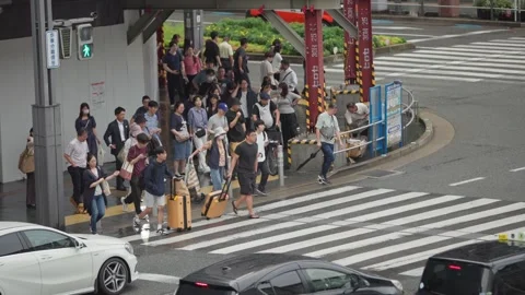 Slow motion crowd waiting and crossing intersection near Hakata Station Fukuoka Stock Footage 331004010