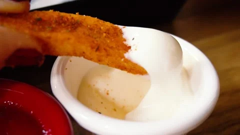 Slow motion Crunchy crisp french fries with mayonnaise. Stock Footage 133599853